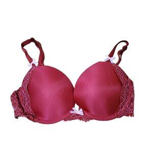 Victoria's Secret Push-up Pigeonnant Bra Womens 32 C Lace Bow Detail Red‎